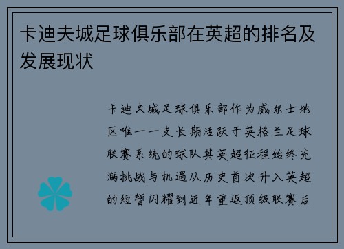 卡迪夫城足球俱乐部在英超的排名及发展现状
